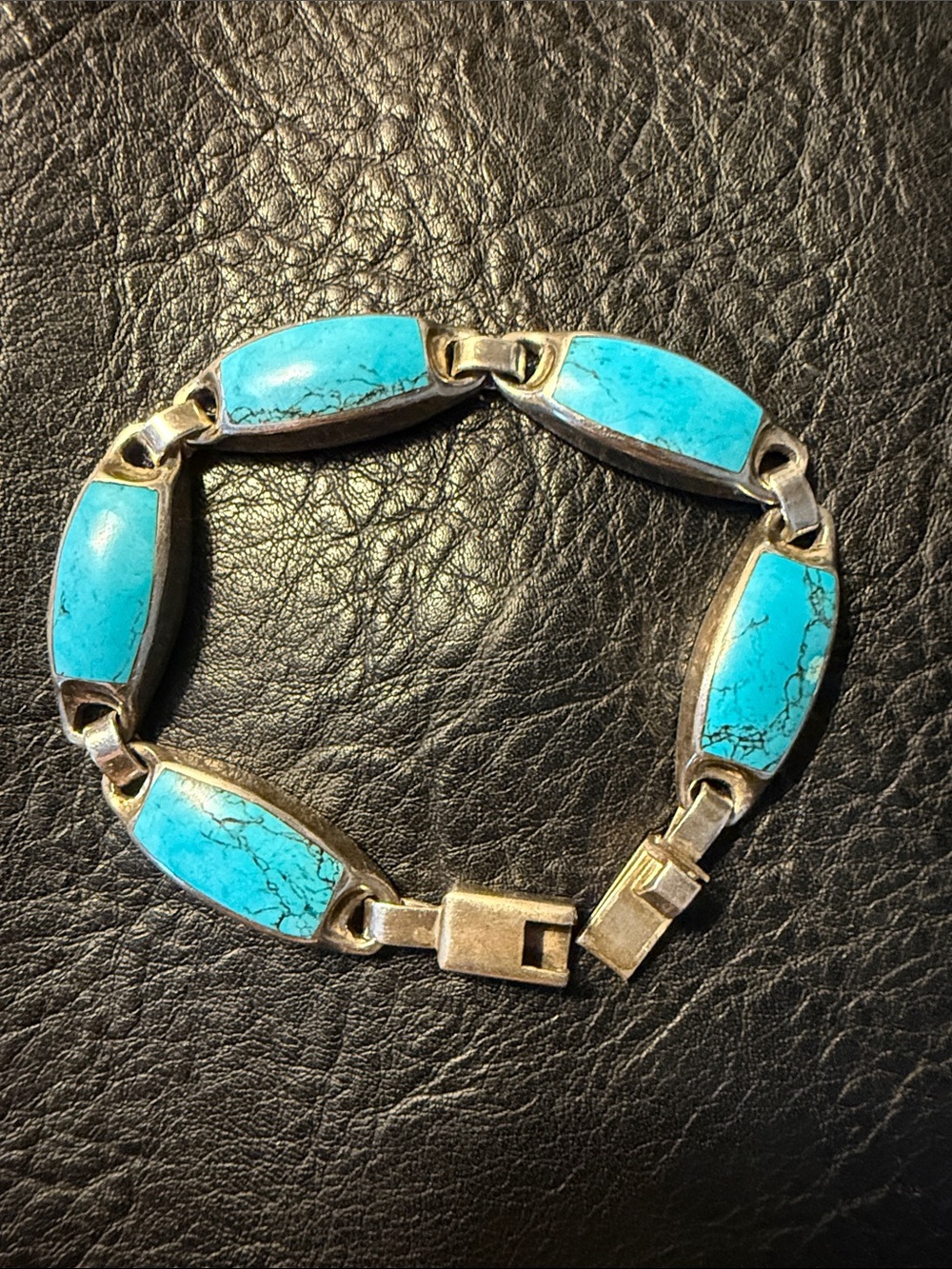 Turquoise Stone Sterling Silver Link Bracelet Stamped Mexico 950 TL-63
